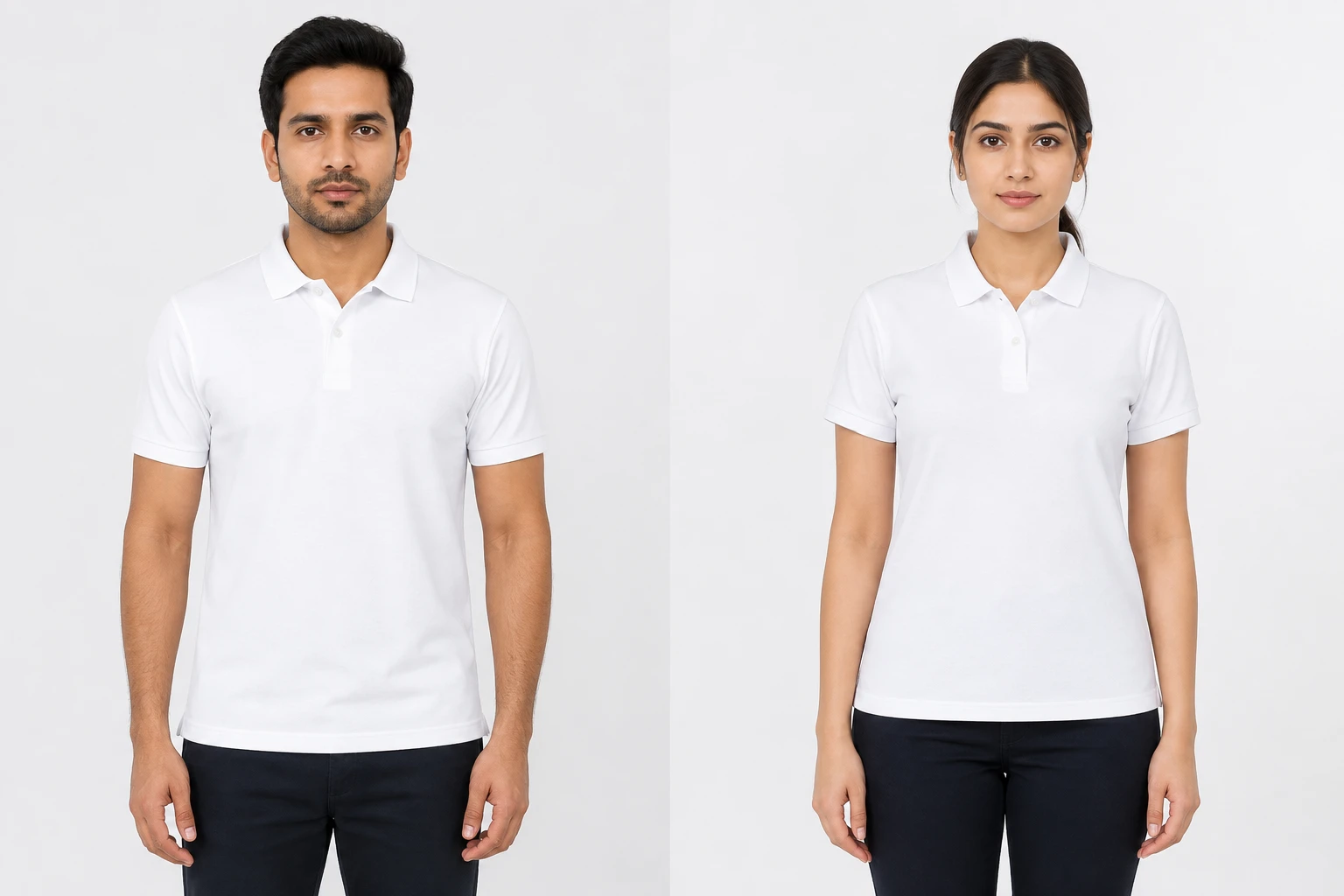 Corporate Matty Polo in White, front view on the male model